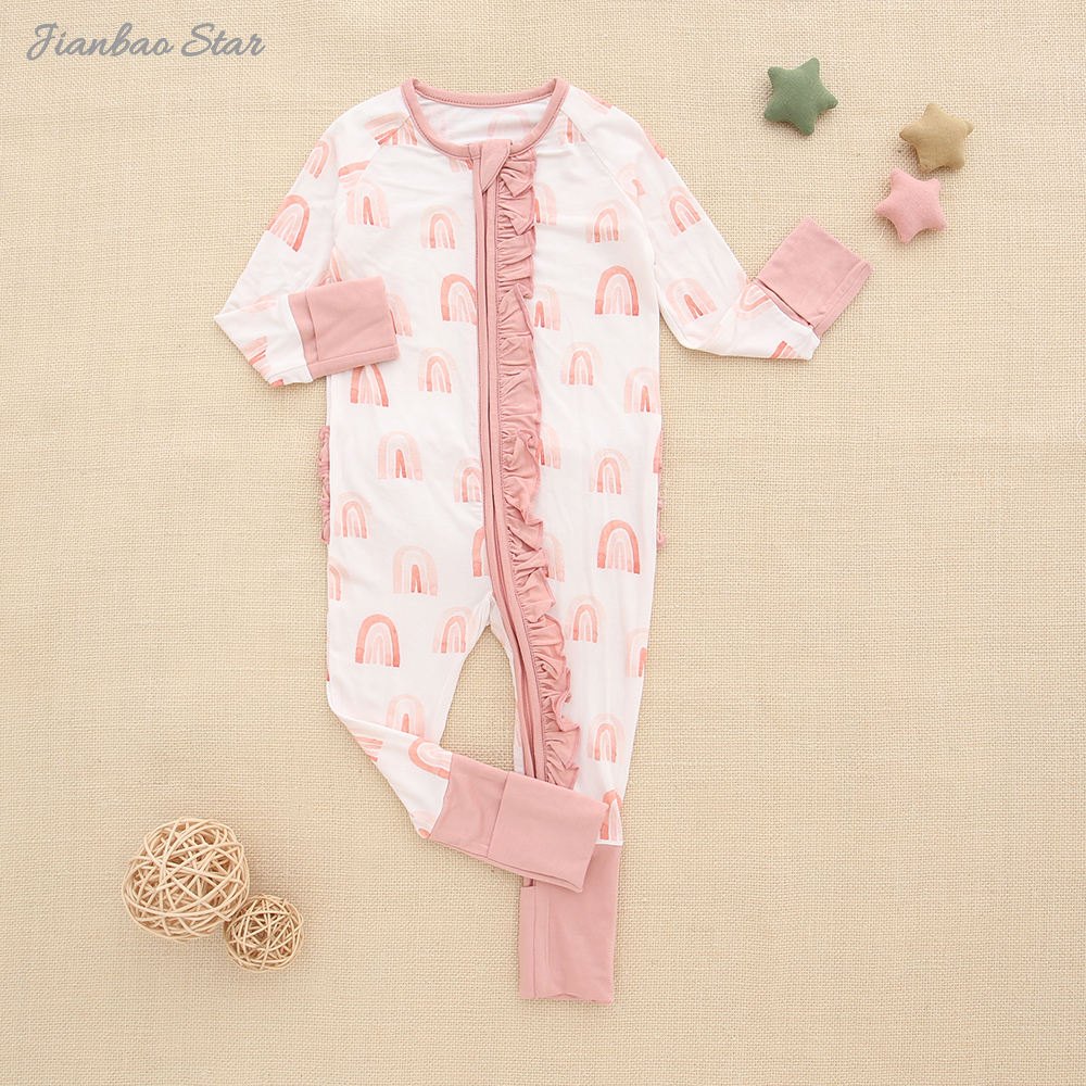 Doux impression personnalisée nouveau Design bébé vêtements haute pittoresque fermeture éclair bambou bébé pyjamas tenue bébé barboteuses