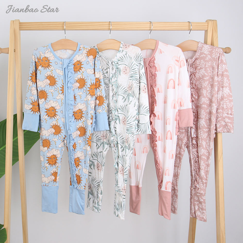 Pyjama en bambou imprimé personnalisé pour bébé, vêtements doux et respirants, barboteuse à volants avec fermeture éclair, nouvelle collection