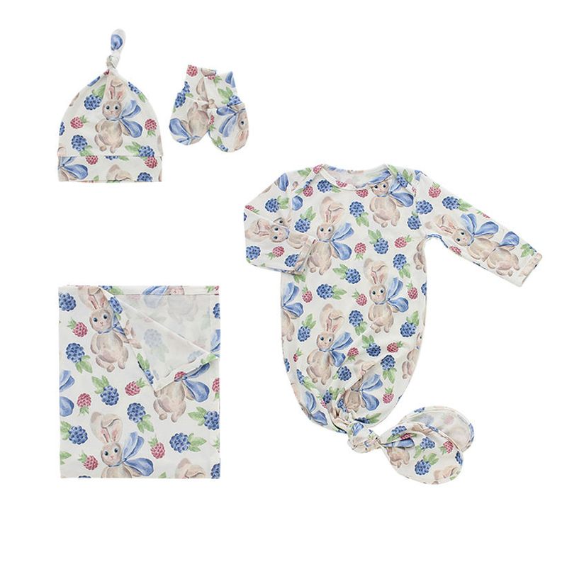 Ensembles de vêtements de nuit 4 pièces pour nouveau-né, pyjama toutes saisons, avec chapeau, mitaines et couverture, ensembles cadeaux pour bébé