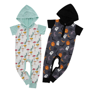 Barboteuse d'été en tissu de bambou imprimé unisexe, barboteuse douce pour bébé, vêtements personnalisés à manches courtes pour petites filles et garçons avec chapeau