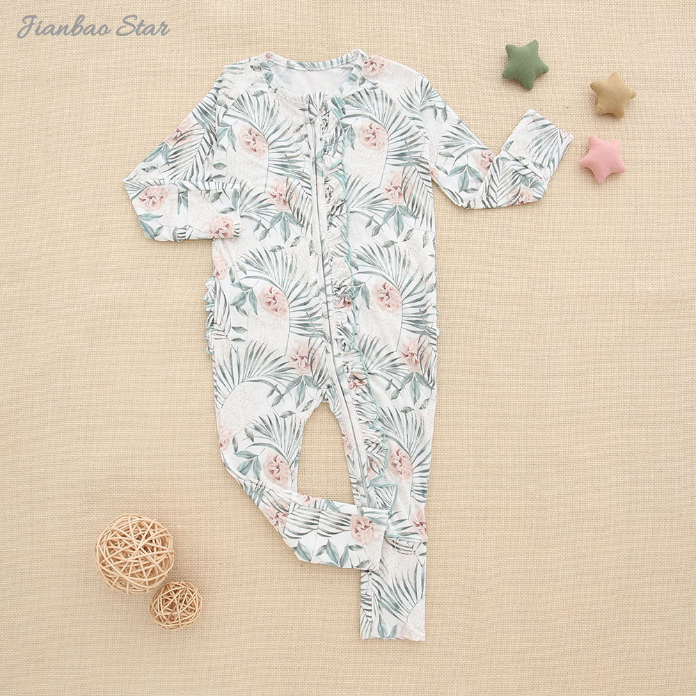 Pyjama en bambou imprimé personnalisé pour bébé, vêtements doux et respirants, barboteuse à volants avec fermeture éclair, nouvelle collection