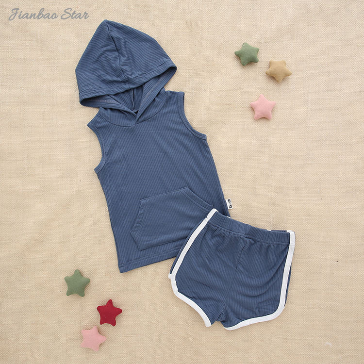 Nouveau Design tenues couleurs unies haute qualité bébé vêtements ensemble côtelé bambou sans manches sweats à capuche unisexe et pantalons courts