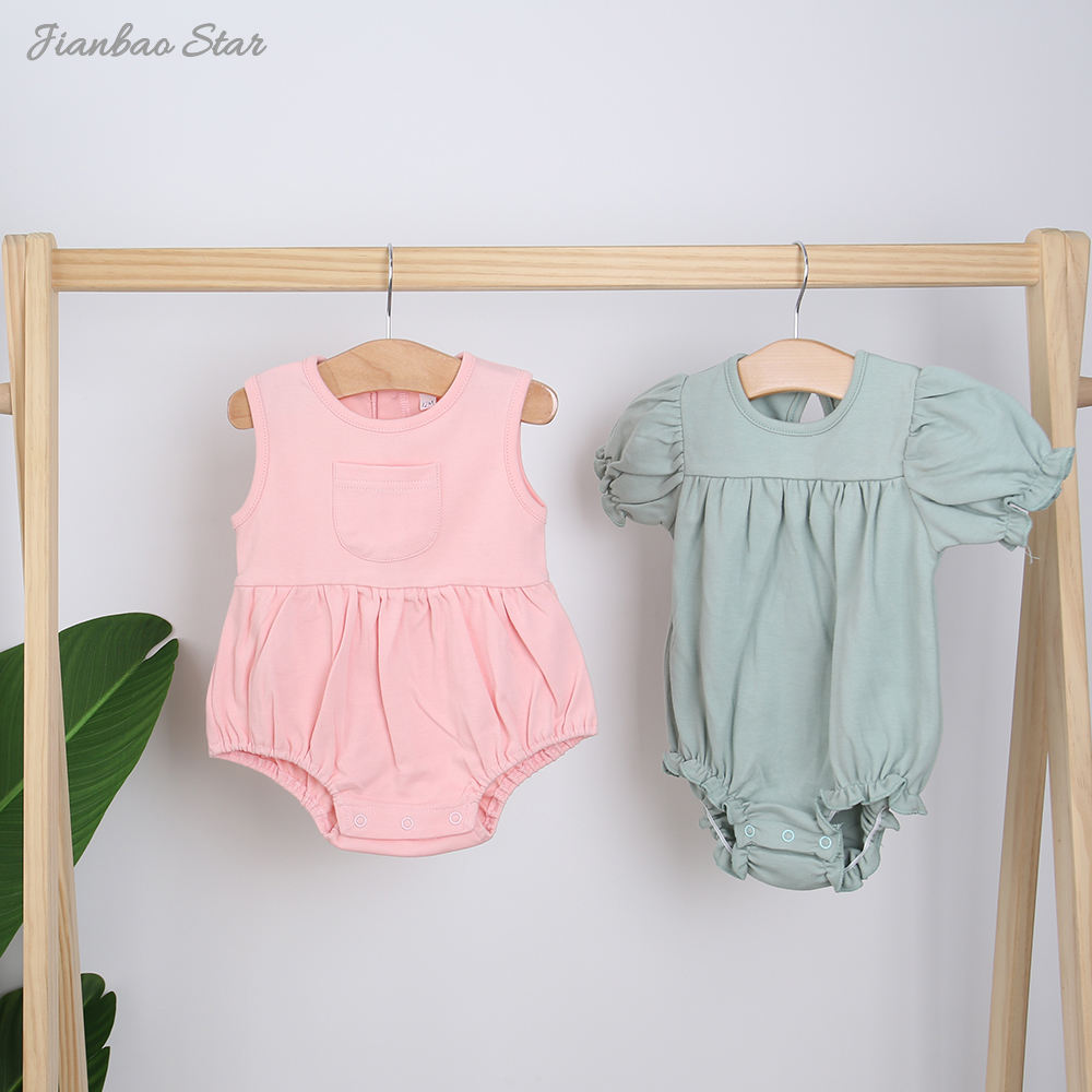 Barboteuse d'été pour bébés filles, tissu en coton biologique, sans manches, couleur unie, imprimé personnalisé, ensemble barboteuse pour bébé