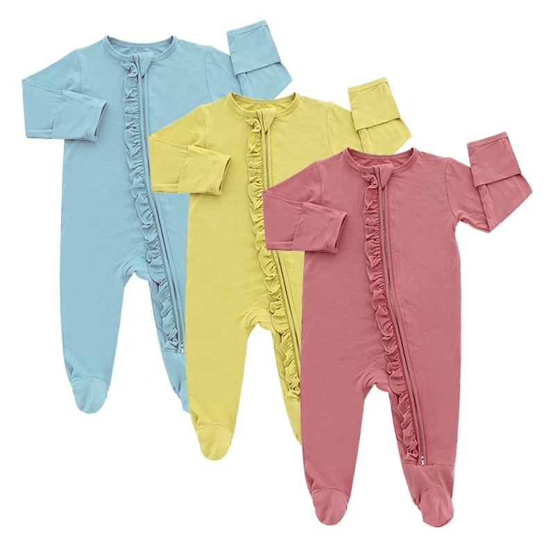 Manches longues unisexe nouveau-né garçons et filles avec fermeture éclair sur le devant volants conception bébé combinaison bébé vêtements barboteuse ensemble