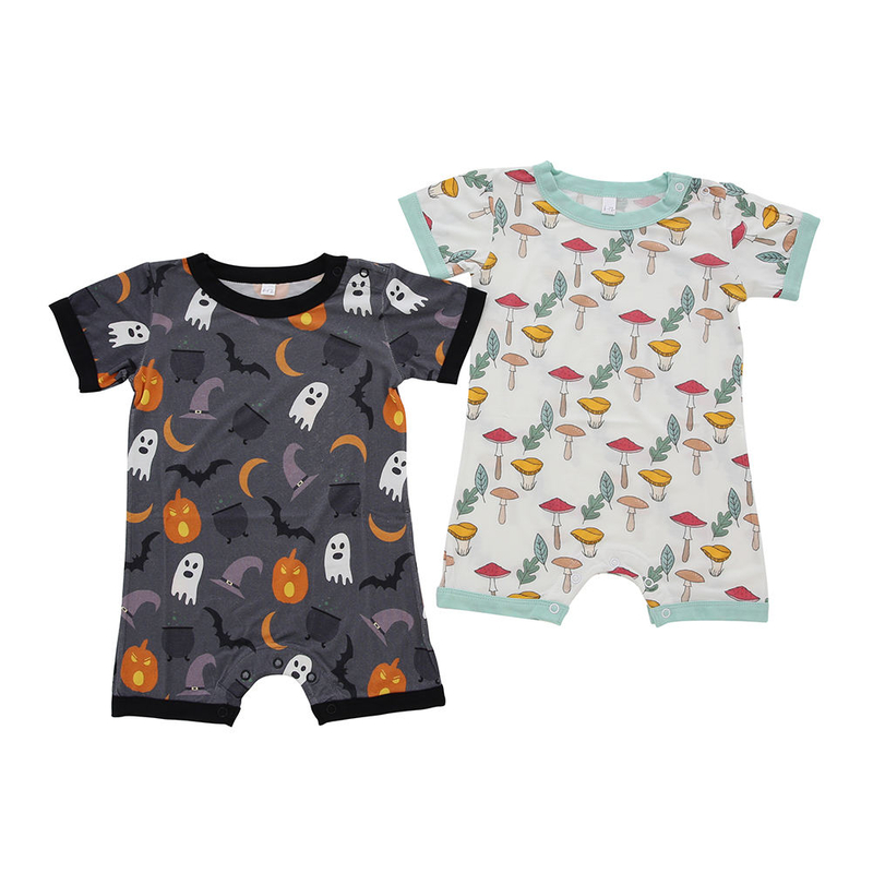 Barboteuse tricotée à manches courtes pour bébé, 100% coton, motif de boutons d'halloween, personnalisé, vente en gros, nouvel arrivage, offre spéciale
