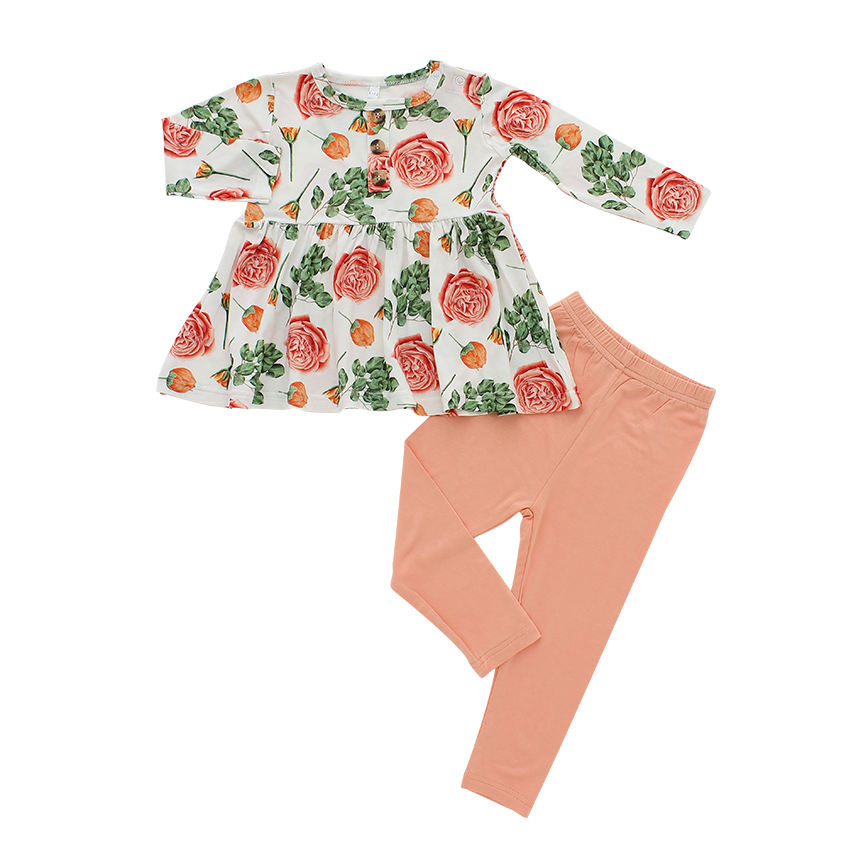Ensemble de vêtements tricotés 100% coton pour filles, motif floral, hauts à manches longues et pantalons longs, 2 pièces, vêtements pour bébés