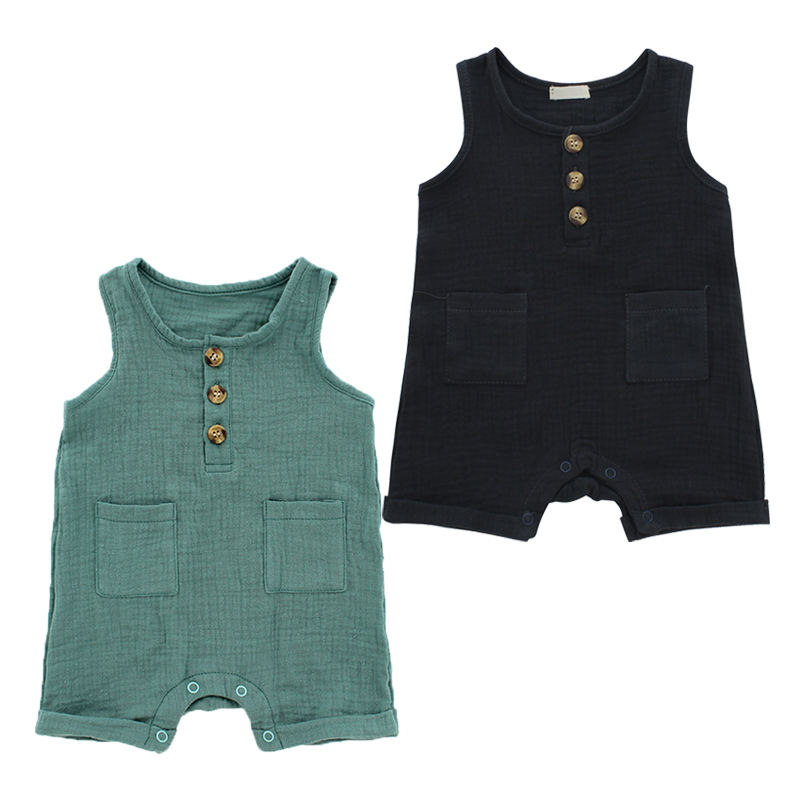Confortable bambou tricoté sans manches été unisexe bouton en bois ouverture bébé garçon barboteuse ensemble barboteuse combinaison