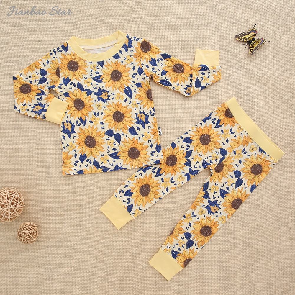 Conceptions imprimées personnalisées bambou/coton bébé pyjamas costumes ensemble enfants vêtements usine écologique 2 pièces à manches longues décontracté bébé ensemble