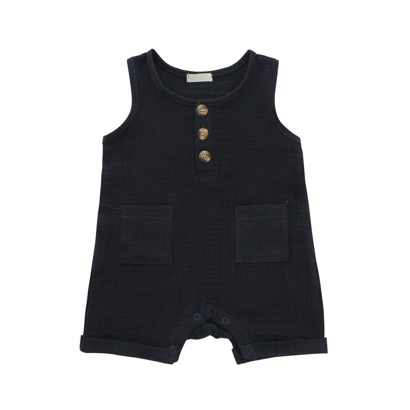 Confortable bambou tricoté sans manches été unisexe bouton en bois ouverture bébé garçon barboteuse ensemble barboteuse combinaison