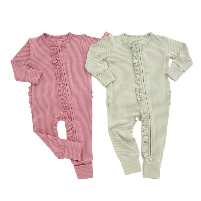 Combinaisons en tissu côtelé pour bébé, haute qualité, fermeture éclair, en bambou et coton, manches longues, couleur unie, barboteuse pour bébé, couleurs personnalisées acceptées
