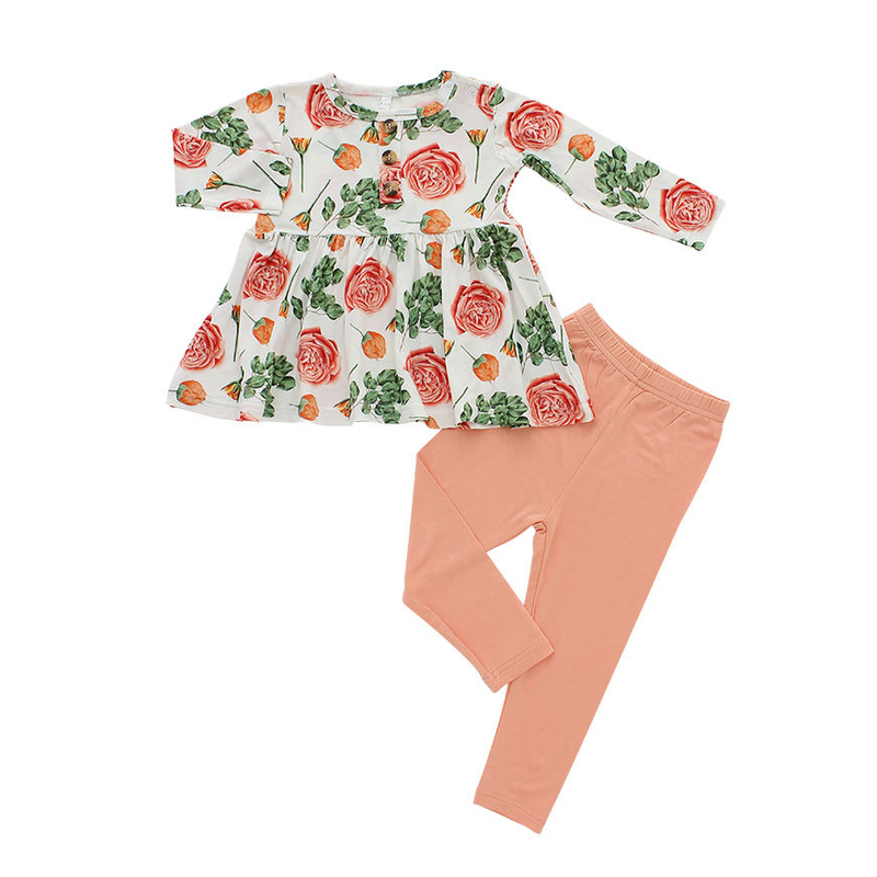 Ensemble de vêtements tricotés 100% coton pour filles, motif floral, hauts à manches longues et pantalons longs, 2 pièces, vêtements pour bébés