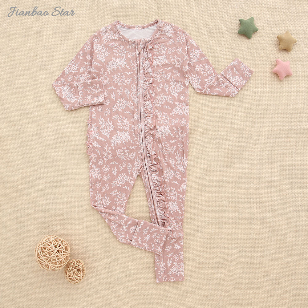 Pyjama en bambou imprimé personnalisé pour bébé, vêtements doux et respirants, barboteuse à volants avec fermeture éclair, nouvelle collection