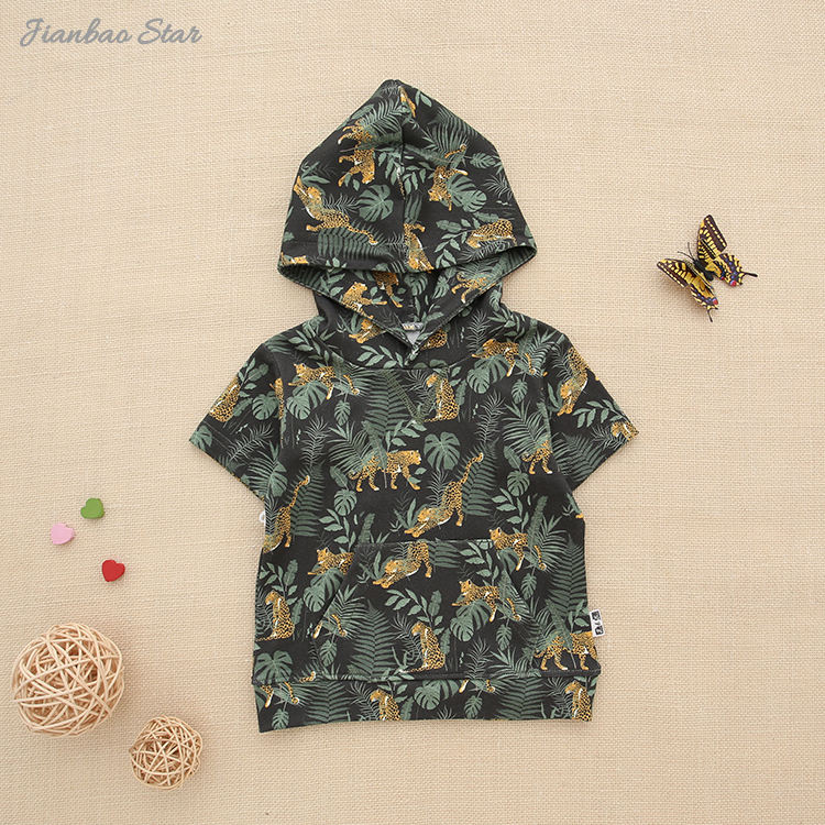 Sweat à capuche pour bébés et enfants, haut en bambou tricoté Super doux, manches courtes, Design imprimé, chemise d'été pour bébé