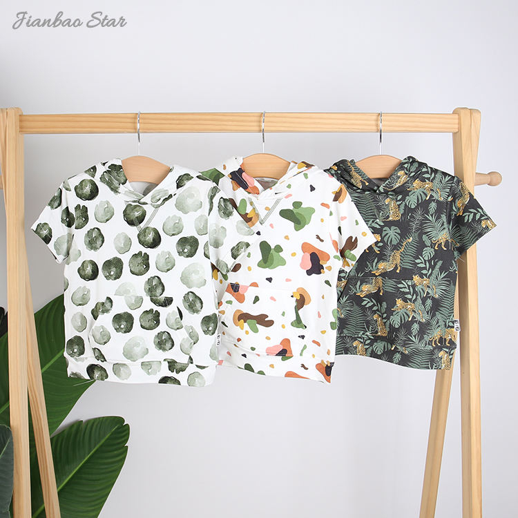Sweat à capuche pour bébés et enfants, haut en bambou tricoté Super doux, manches courtes, Design imprimé, chemise d'été pour bébé