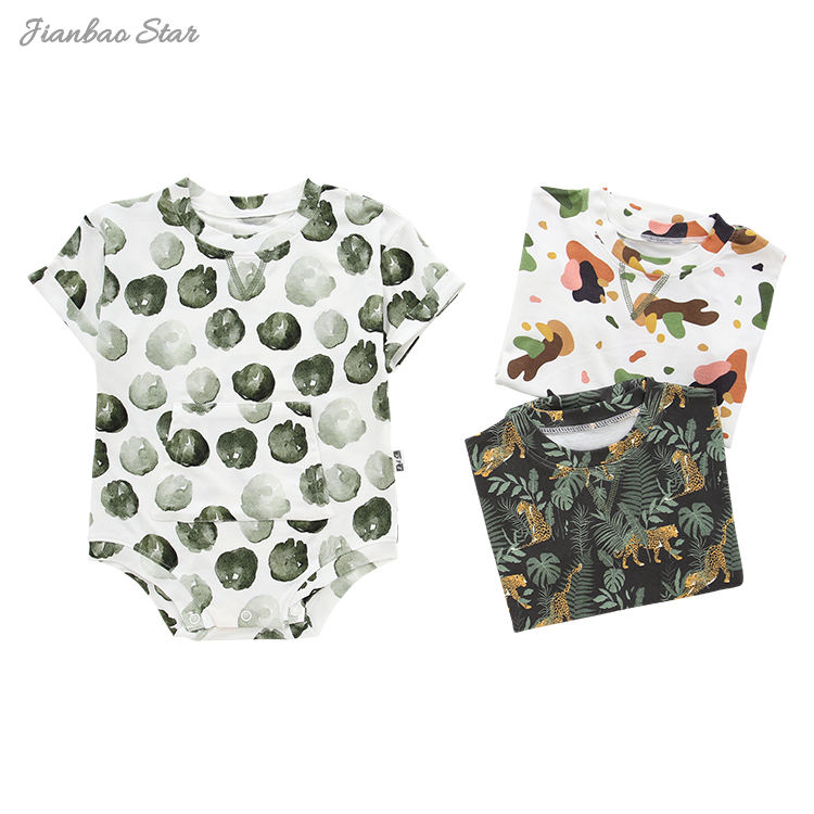 Barboteuse d'été à manches pliées pour bébé, avec bouton-pression, motif imprimé personnalisé, combinaison unisexe pour bébé, vente en gros