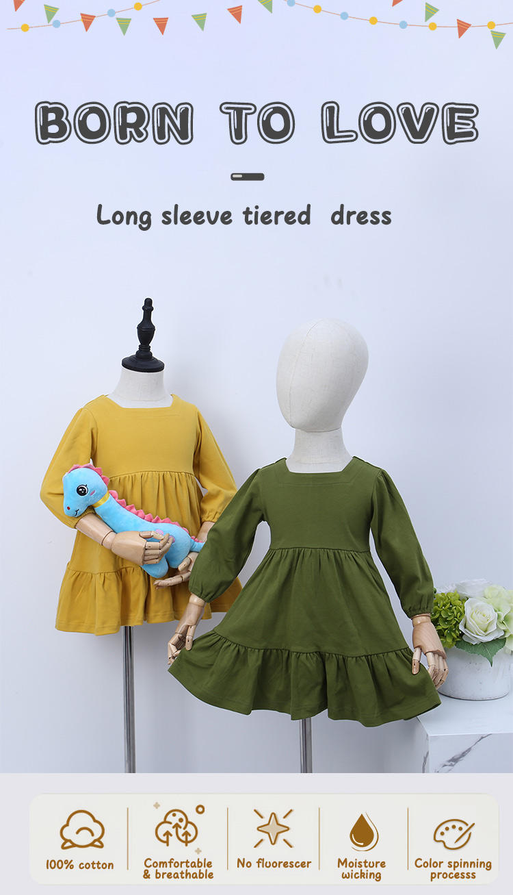 Enquêteur en gros, bébé bébé robe à manches longues Beau bébé robero ensemble d'automne couleur solide mode petite fille jupe
