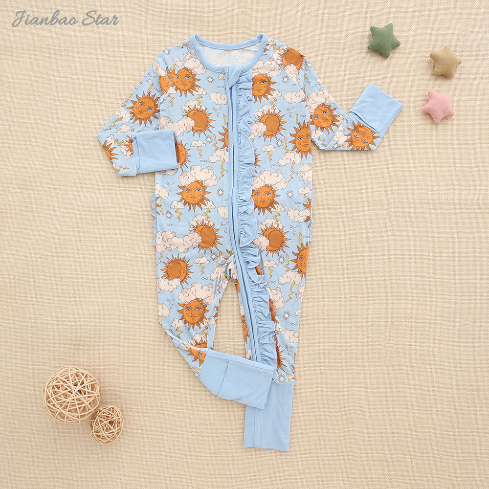 Pyjama en bambou imprimé personnalisé pour bébé, vêtements doux et respirants, barboteuse à volants avec fermeture éclair, nouvelle collection