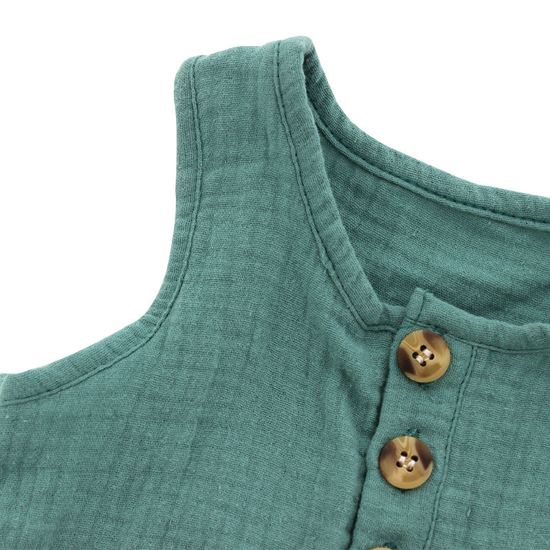 Confortable bambou tricoté sans manches été unisexe bouton en bois ouverture bébé garçon barboteuse ensemble barboteuse combinaison