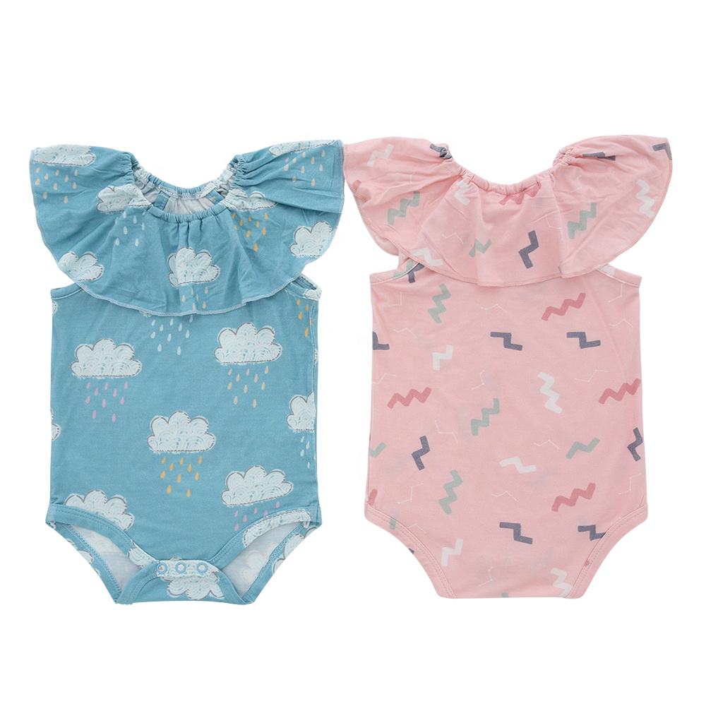 Barboteuse d'été sans manches pour bébés filles, Style doux, col rond à volants, vêtements pour bébés en Fiber de bambou et Spandex