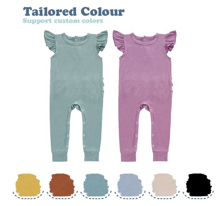 Vêtements personnalisés pour bébé fille, 95% bambou 5% élasthanne, manches courtes, volants sur le dos des barboteuses, combinaisons douces pour bébé fille