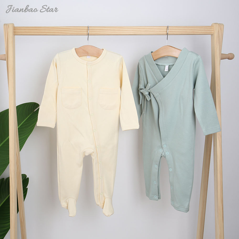 Pyjama à manches longues et poches pour nouveau-né, nouveau Design 100% coton, couleur unie, personnalisé, boutons, barboteuse pour bébé, vêtements pour bébé
