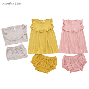 Ensemble pyjama à volants à manches courtes avec Bloomer, tenues d'été de Style décontracté, tissu en coton de bambou, ensemble de vêtements 2 pièces pour bébés filles