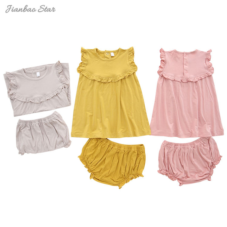 Ensemble pyjama à volants à manches courtes avec Bloomer, tenues d'été de Style décontracté, tissu en coton de bambou, ensemble de vêtements 2 pièces pour bébés filles