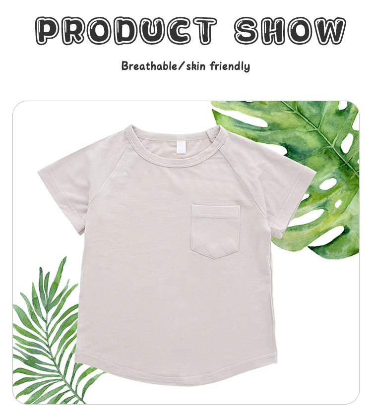 T-shirt pour nouveau-né de 0 à 2 ans, hauts d'été de couleur unie avec une petite poche, T-shirt pour enfants garçons et filles, vente en gros